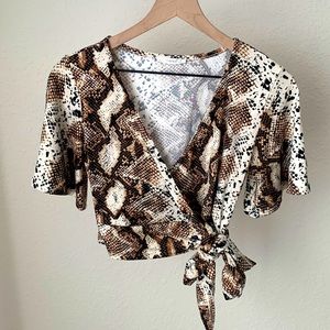 Snake Print Plunge Wrap Tie Crop Top
